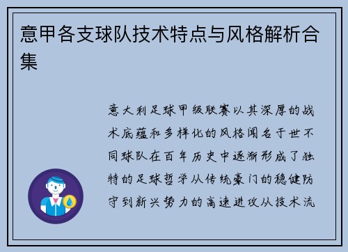 意甲各支球队技术特点与风格解析合集