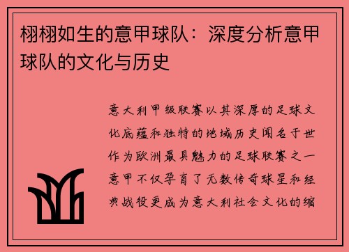 栩栩如生的意甲球队：深度分析意甲球队的文化与历史